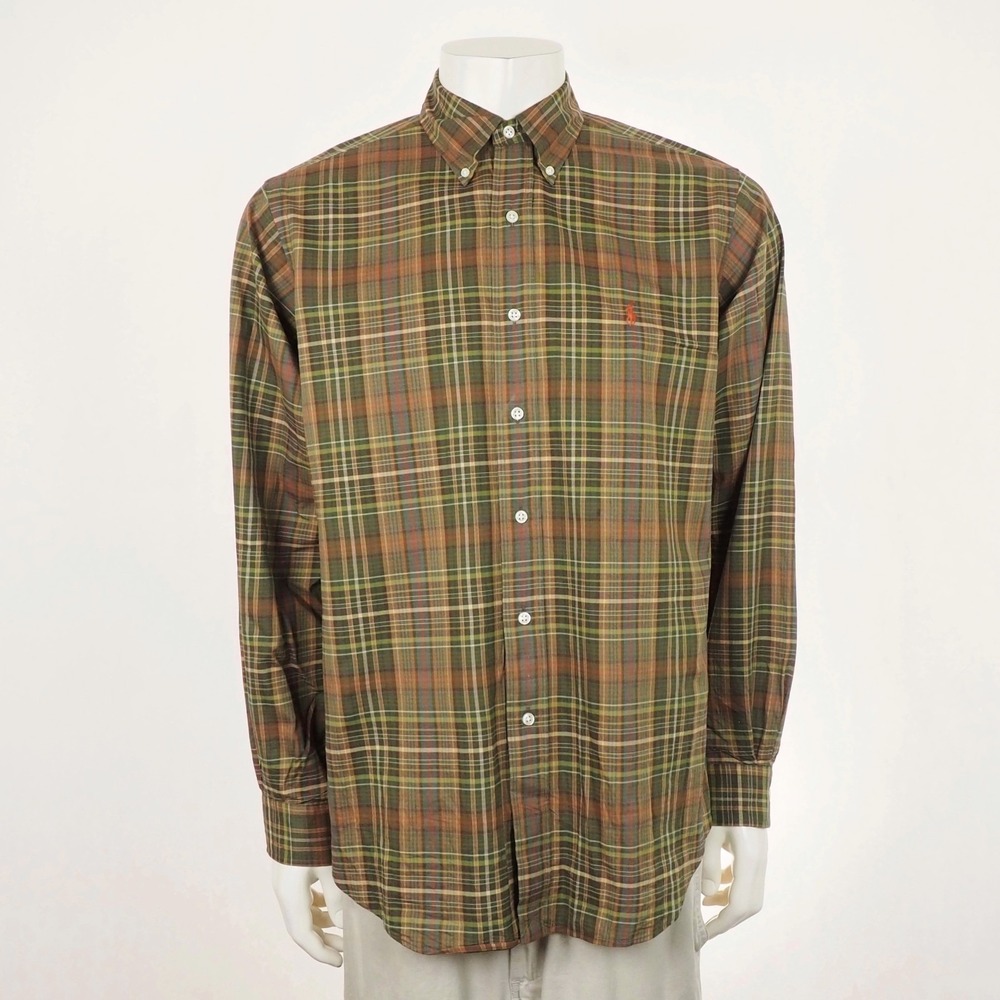 Polo Ralph Lauren Button Down Shirt Mens Large Green Brown Plaid RL Classic Fit